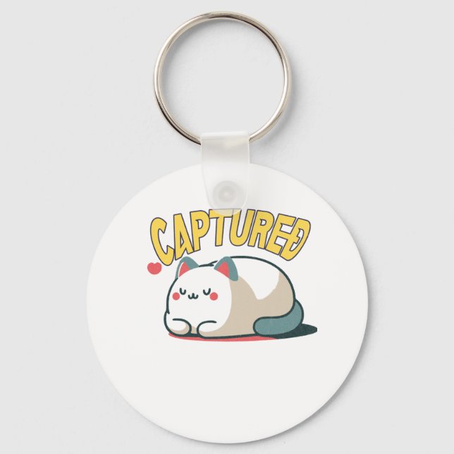 Lazy Cat Caught – Funny Sarcastic Cartoon Key Ring (Front)