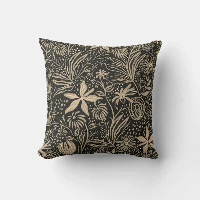 Lazy Floral Pattern in Gold on Black  Cushion (Front)