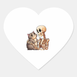 Lazy Halloween Costume Skull Cat Skeleton Holding Heart Sticker