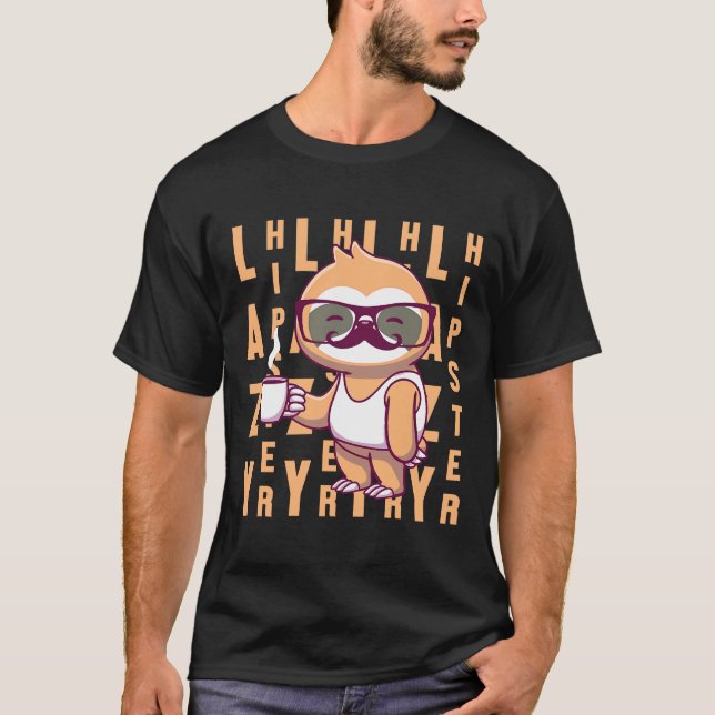 Lazy Hipster Sloth Coffee Moustache Glasses T-Shirt (Front)