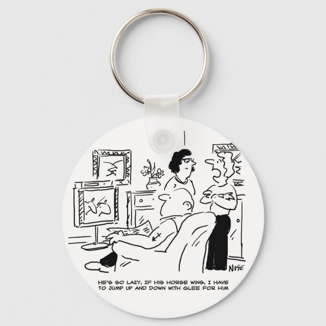 Lazy Man Watches Horse Racing on Television Key Ring (Front)