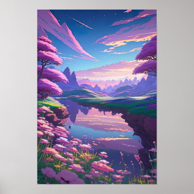 Lazy Purple River, Pink and Purple Flowers Poster (Front)