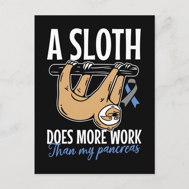 Lazy Sloth Funny Pancreas T1D Diabetes Postcard (Front)
