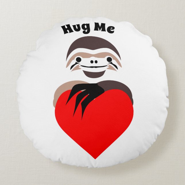 Lazy Sloth Hugging a Red Love Heart Round Cushion (Front)