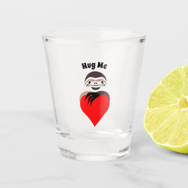 Lazy Sloth Hugging a Red Love Heart Shot Glass (Front)