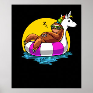 Lazy Sloth Riding Unicorn Float Funny Pool Party Poster