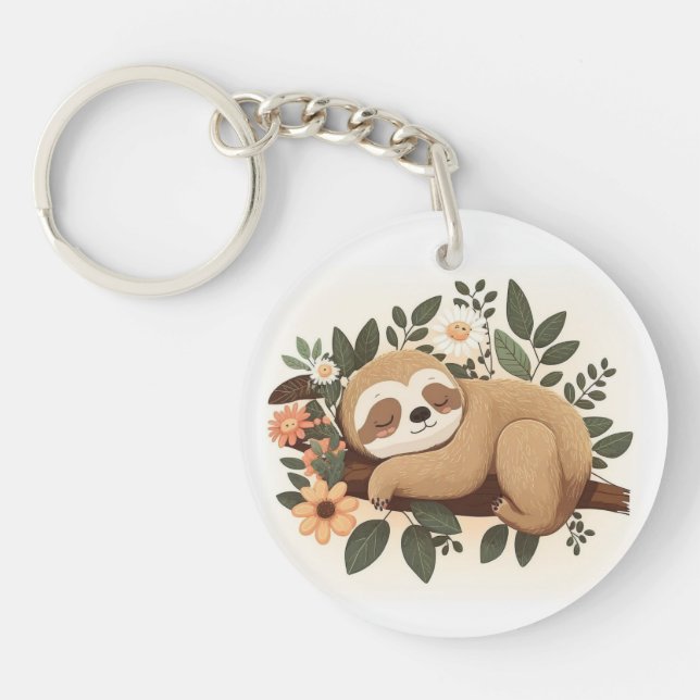 Lazy sloth sleeping on a branch cartoon            key ring (Front)