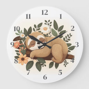 Lazy sloth sleeping on a branch cartoon large clock