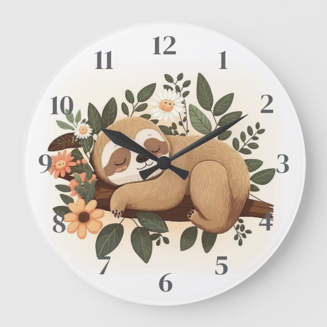 Lazy sloth sleeping on a branch cartoon            large clock (Front)
