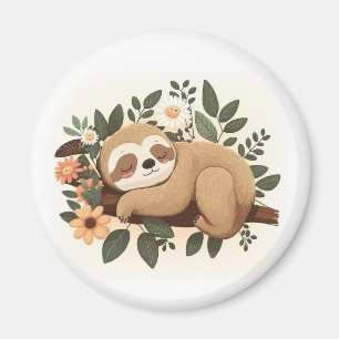 Lazy sloth sleeping on a branch cartoon magnet