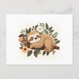 Lazy sloth sleeping on a branch cartoon            postcard