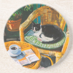 Lazy Sunday Morning Cosy Cat & Coffee Painting Coaster