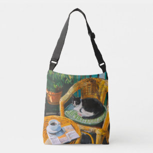 Lazy Sunday Morning Cosy Cat & Coffee Painting Crossbody Bag