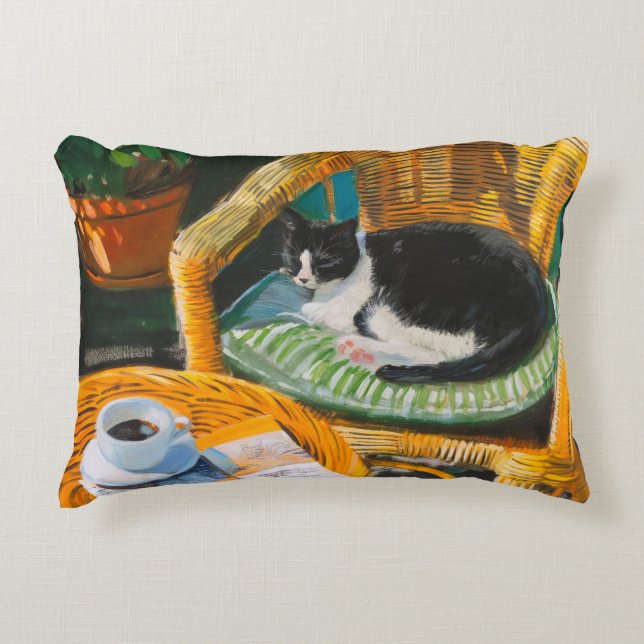 Lazy Sunday Morning | Cosy Cat & Coffee Painting Decorative Cushion (Front)