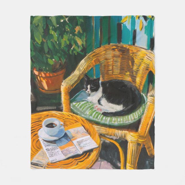 Lazy Sunday Morning | Cosy Cat & Coffee Painting Fleece Blanket (Front)