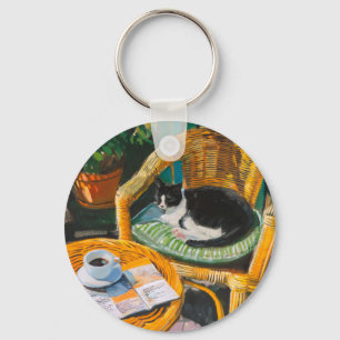 Lazy Sunday Morning Cosy Cat & Coffee Painting Key Ring