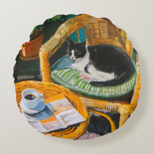 Lazy Sunday Morning Cosy Cat & Coffee Painting Round Cushion