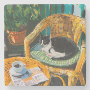 Lazy Sunday Morning Cosy Cat & Coffee Painting Stone Coaster