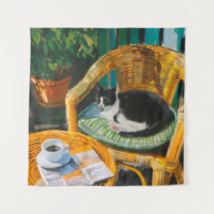 Lazy Sunday Morning   Cosy Cat & Coffee Painting Tapestry