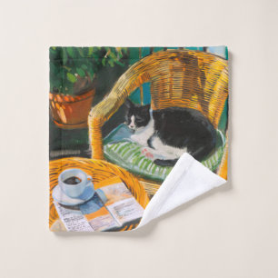 Lazy Sunday Morning Cosy Cat & Coffee Painting Wash Cloth