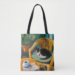 Lazy Sunday Morning Cozy Cat & Coffee Painting Tote Bag