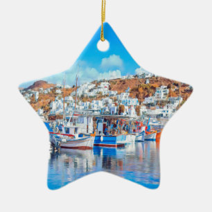 ldp MYKONOS - fishing boats - harbour - panorama Ceramic Ornament