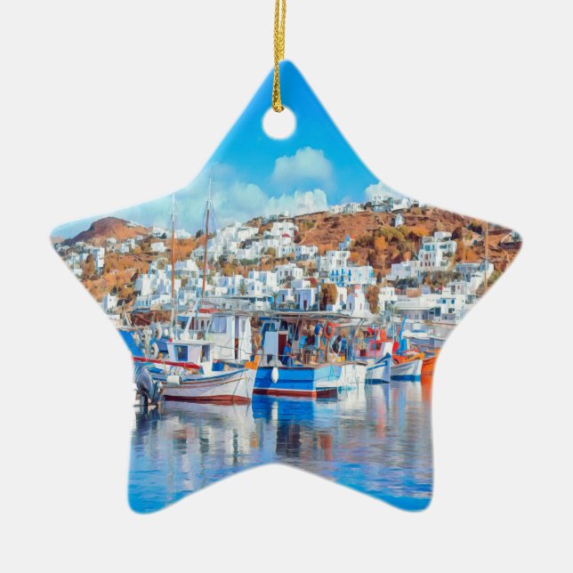 ldp MYKONOS - fishing boats - harbour - panorama Ceramic Ornament (Front)