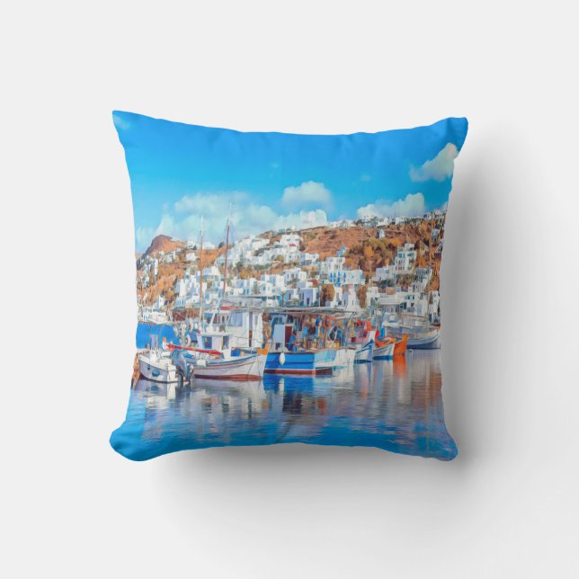 ldp MYKONOS - fishing boats - harbour - panorama Cushion (Front)
