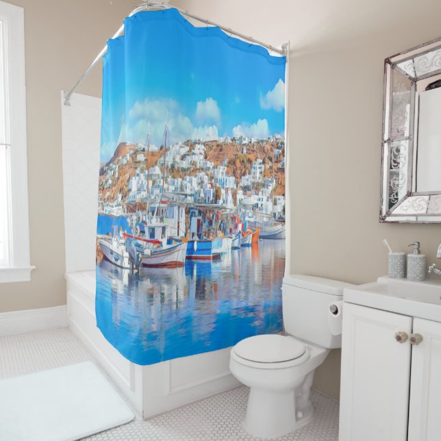 ldp MYKONOS - fishing boats - harbour - panorama Shower Curtain (In Situ)