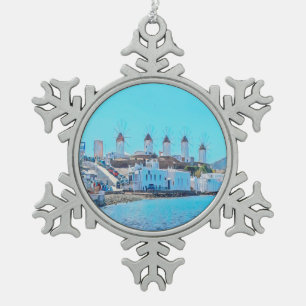 ldp MYKONOS - view from the sea of the windmills - Snowflake Pewter Christmas Ornament