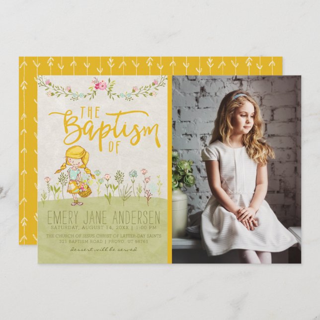 LDS BAPTISM PHOTO INVITATION | Cute Floral Girl (Front/Back)