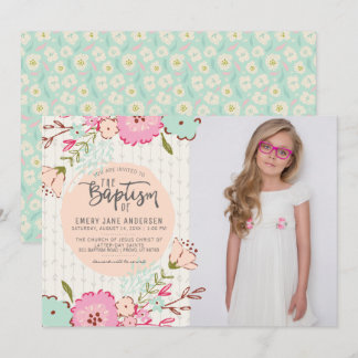 LDS BAPTISM PHOTO INVITATION | Elegant Floral Girl