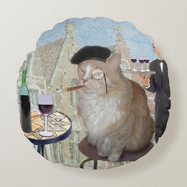 Le Cat du Cafe Round Cushion (Front)