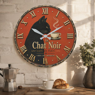 Le Chat Noir Café Vintage Black Cat Coffee Decor Large Clock