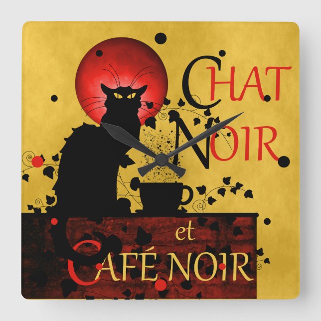 Le Chat Noir et Café Noir Square Wall Clock (Front)