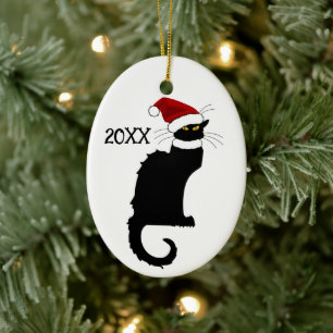 Le Chat Noir Santa Hat Christmas Ceramic Ornament