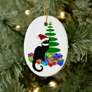 Le Chat Noir Santa Hat Christmas Ceramic Ornament