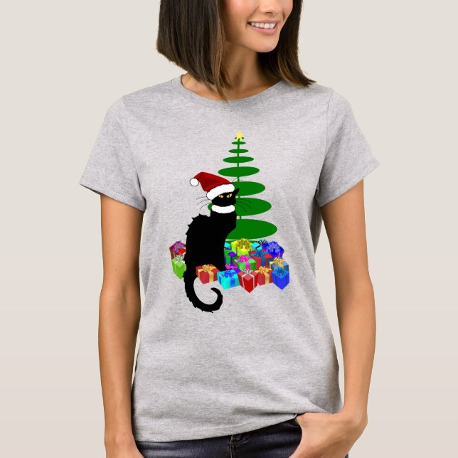 Le Chat Noir Santa Hat Christmas T-Shirt (Front)