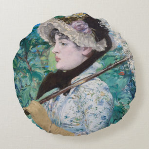 Le Printemps Manet Immpressionist Art Painting Round Cushion