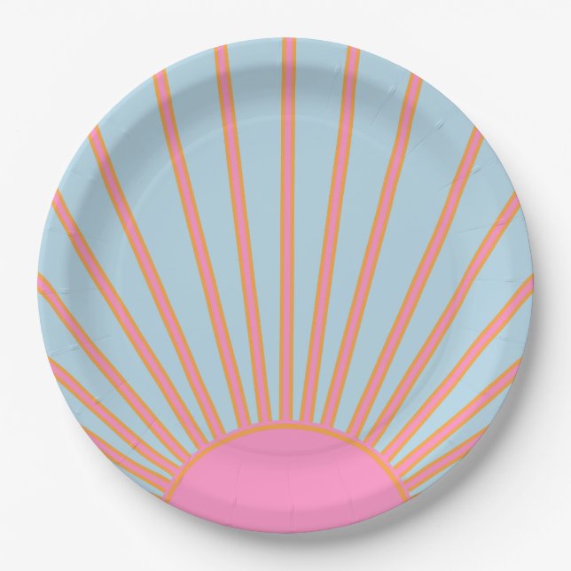 Le Soleil 02 Retro Sun Pink And Blue Sunshine Paper Plate (Front)