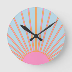Le Soleil 02 Retro Sun Pink And Blue Sunshine Round Clock