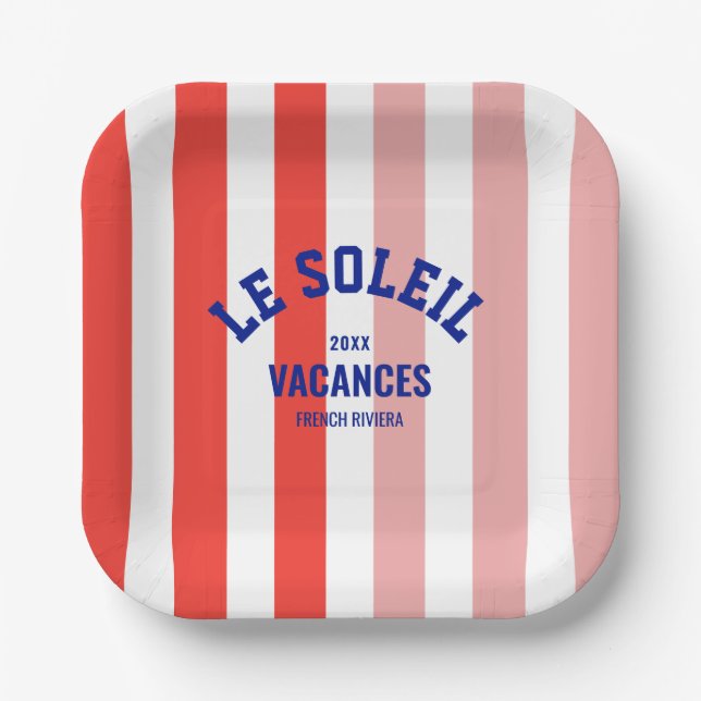 Le Soleil Vacances French Riviera Cabana Stripe Paper Plate (Front)