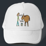 Lead A Horse To Water Trucker Hat<br><div class="desc">Humorous Lead A Horse To Water design features the old proverb illustrated by a farmer encouraging his horse to take a drink.  The horse eyes the water and says "Nope".  Illustrated horse expression in cartoon form.</div>