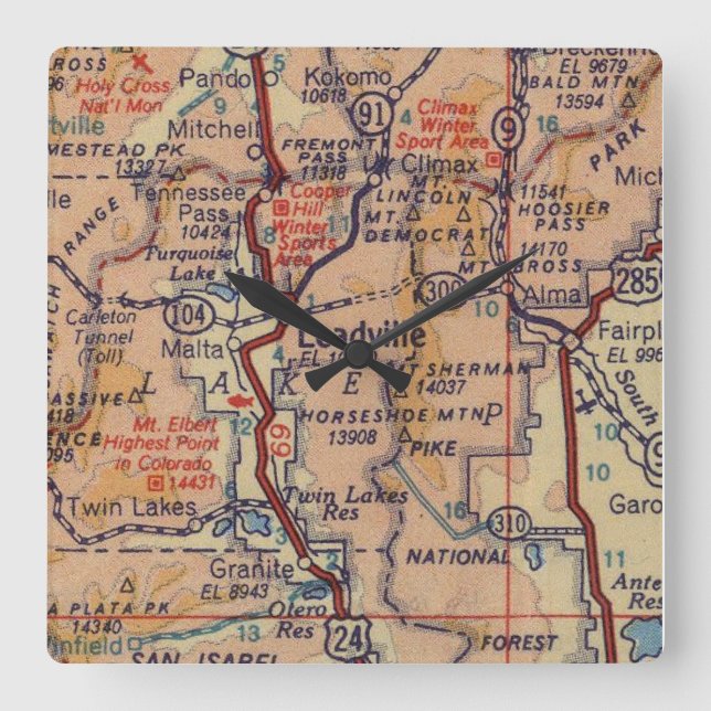Leadville Vintage Map Square Wall Clock (Front)