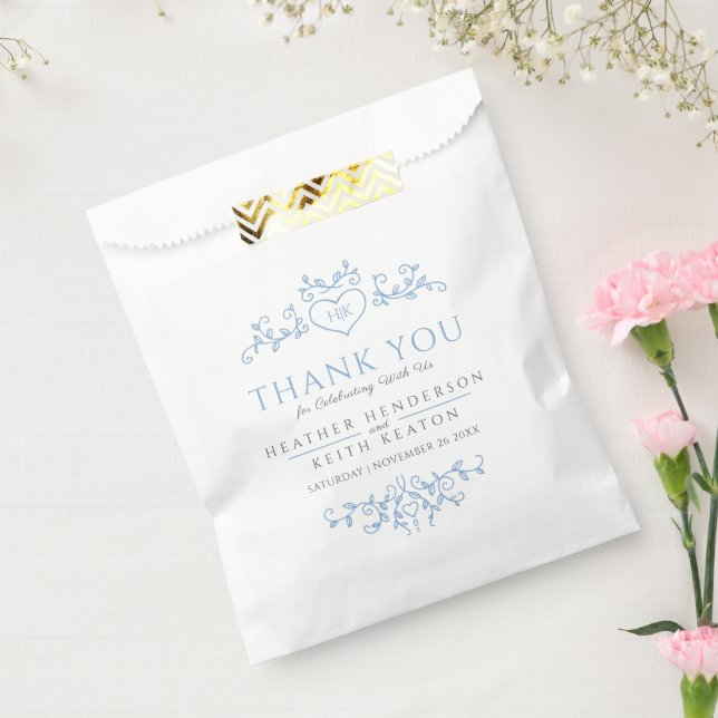 Leaf art heart monogram blue wedding thank you favour bag (Sealed)