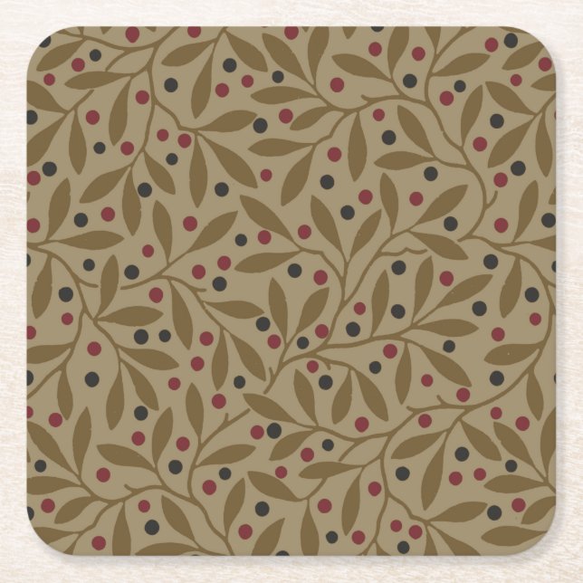 Leaf Berry Classic Colourful Pretty Pattern Art Square Paper Coaster (Front)