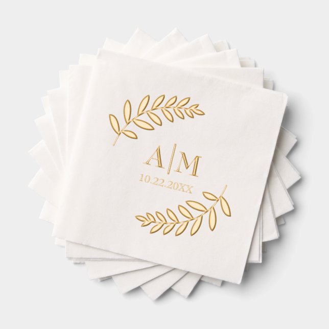 Leaf Botanical Modern Monogram & Date Wedding Foil Napkins (Insitu (Stacked))