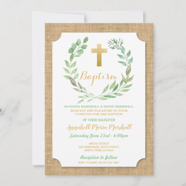 Leaf Burlap Green Baptism Christening Natural Invitation (Front)