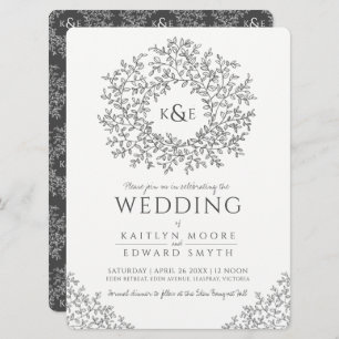 Leaf circle line art wedding dark grey and white invitation