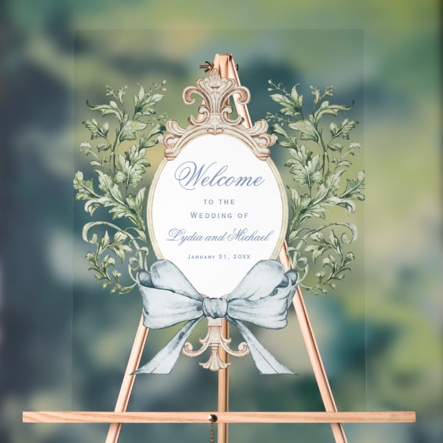 Leaf Crest w/ Bow Wedding Welcome Acrylic Sign (Neutral)